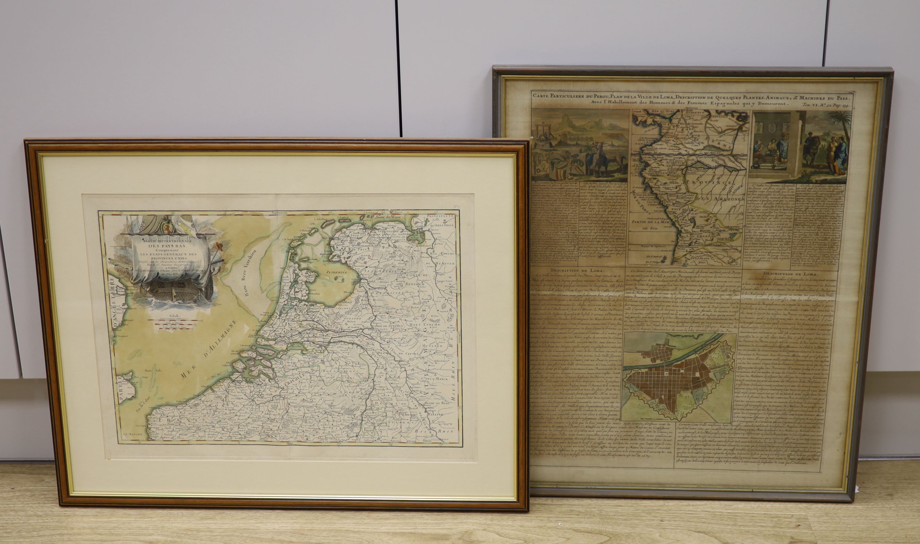 18th century French School, coloured engraving, Map and description of Peru, 53 x 43cm and a later steel engraving of the Low Countries
